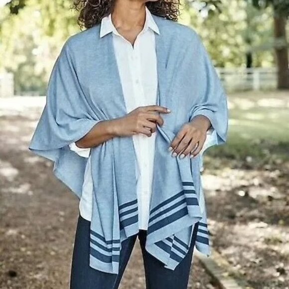 J. Jill Light Blue + Navy Striped Trim Wrap, Shawl - Picture 3 of 6